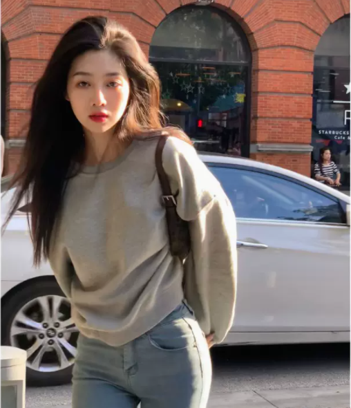 Korean Style High Waist Fleece-Lined Grey Sweater