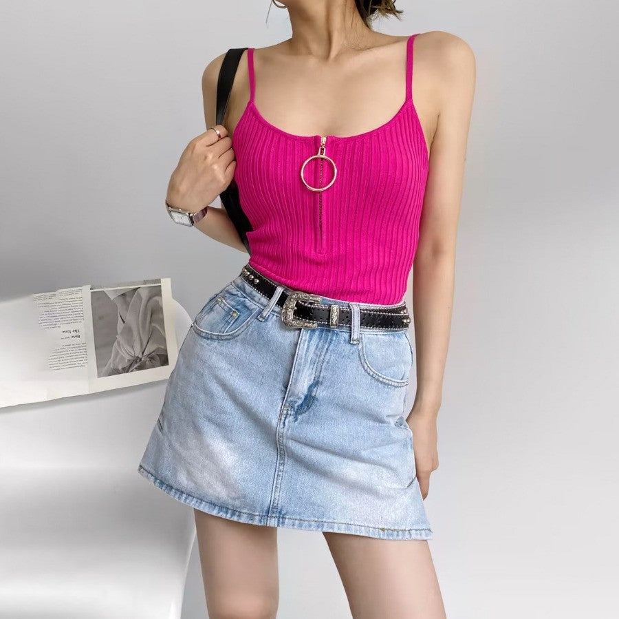 Ring Half Zipper Knitted Vest Women's Overall