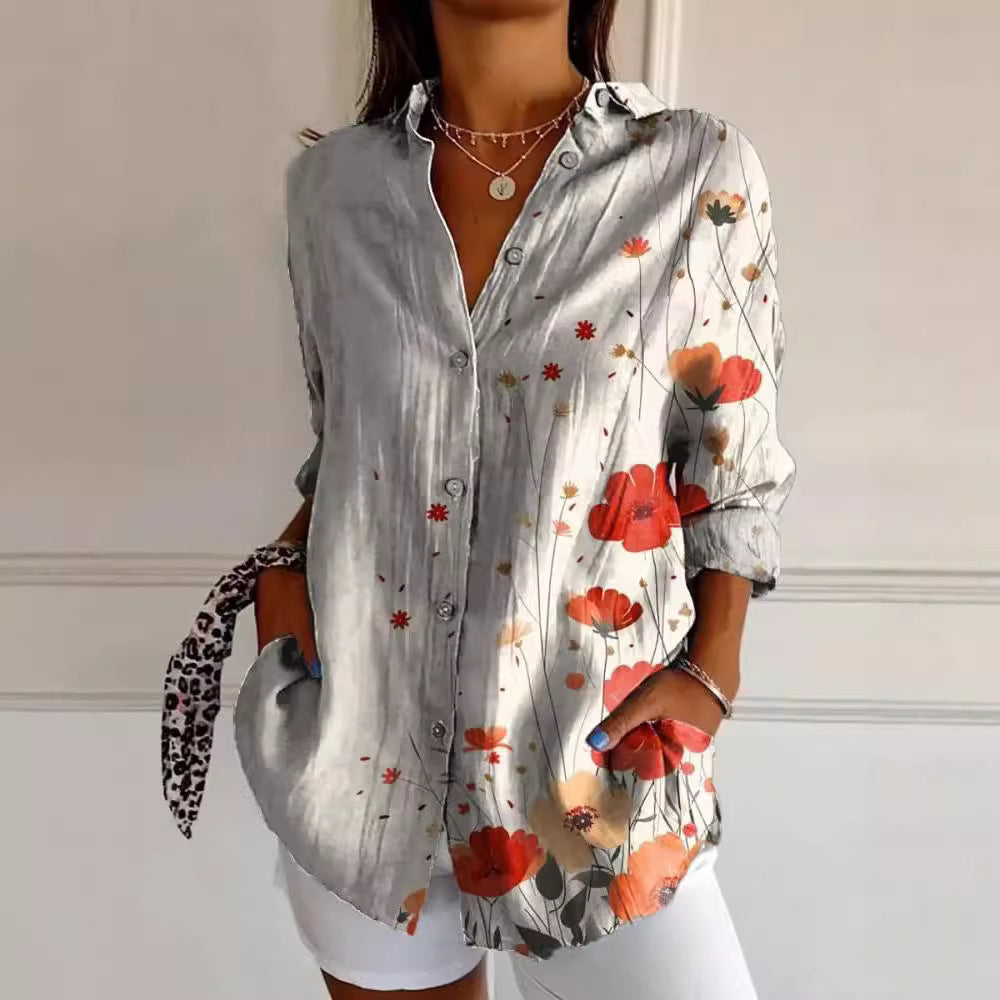 Women's Summer European And American Seven-sleeve Floral Pattern Printed 3D Shirt