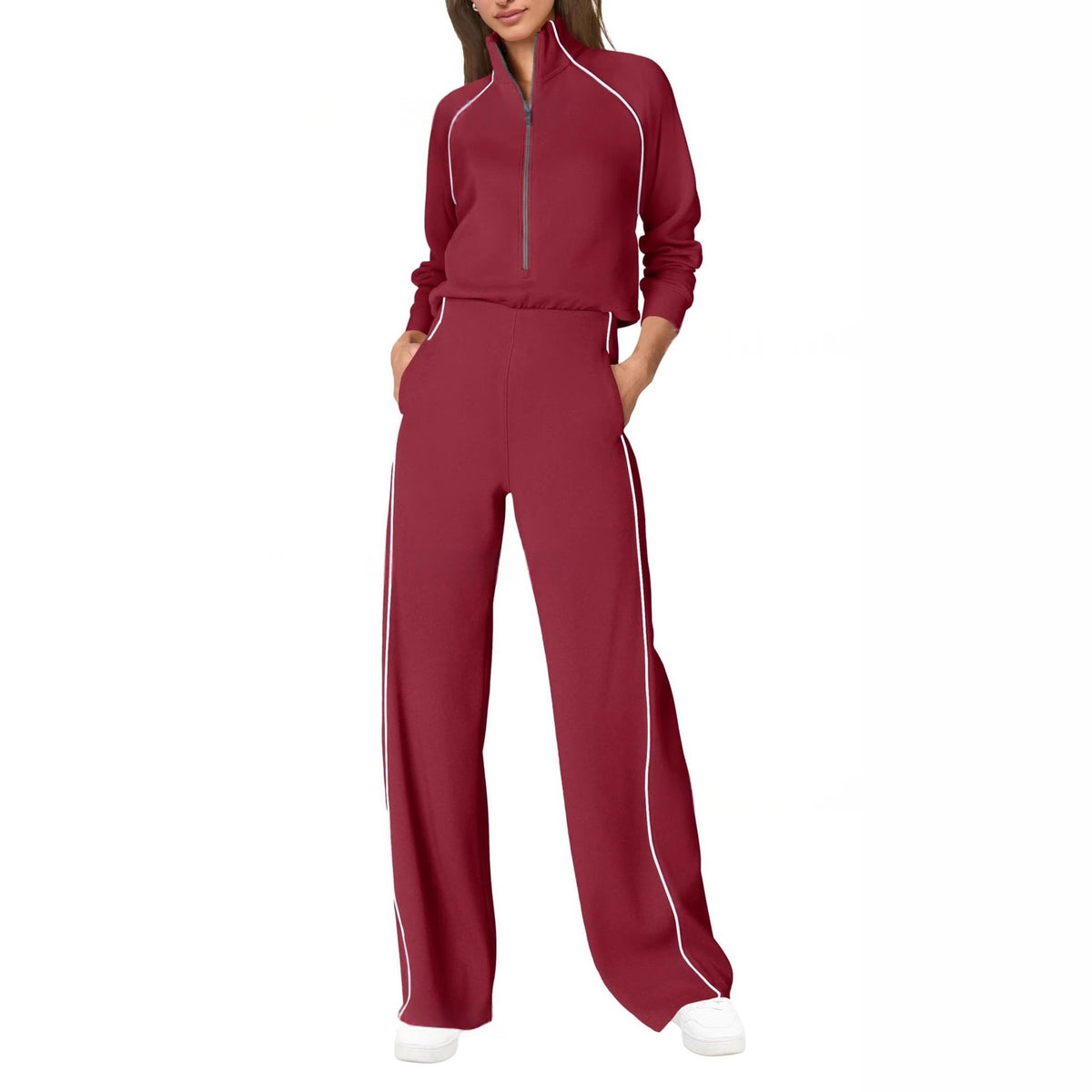 Color-Block Half-Zip Casual Sports Jumpsuit