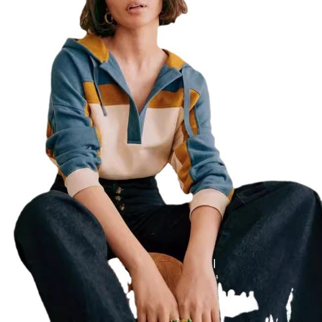 Chic Contrast Stitching Casual Hooded Terry Sweatshirt