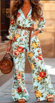 Waist-Cinched Wide-Leg Long-Sleeve Jumpsuit Set