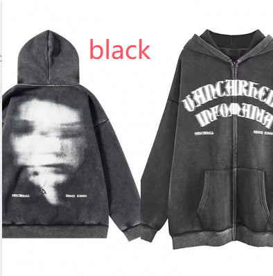 Vintage Distressed Oversized Letter Zip Hoodie
