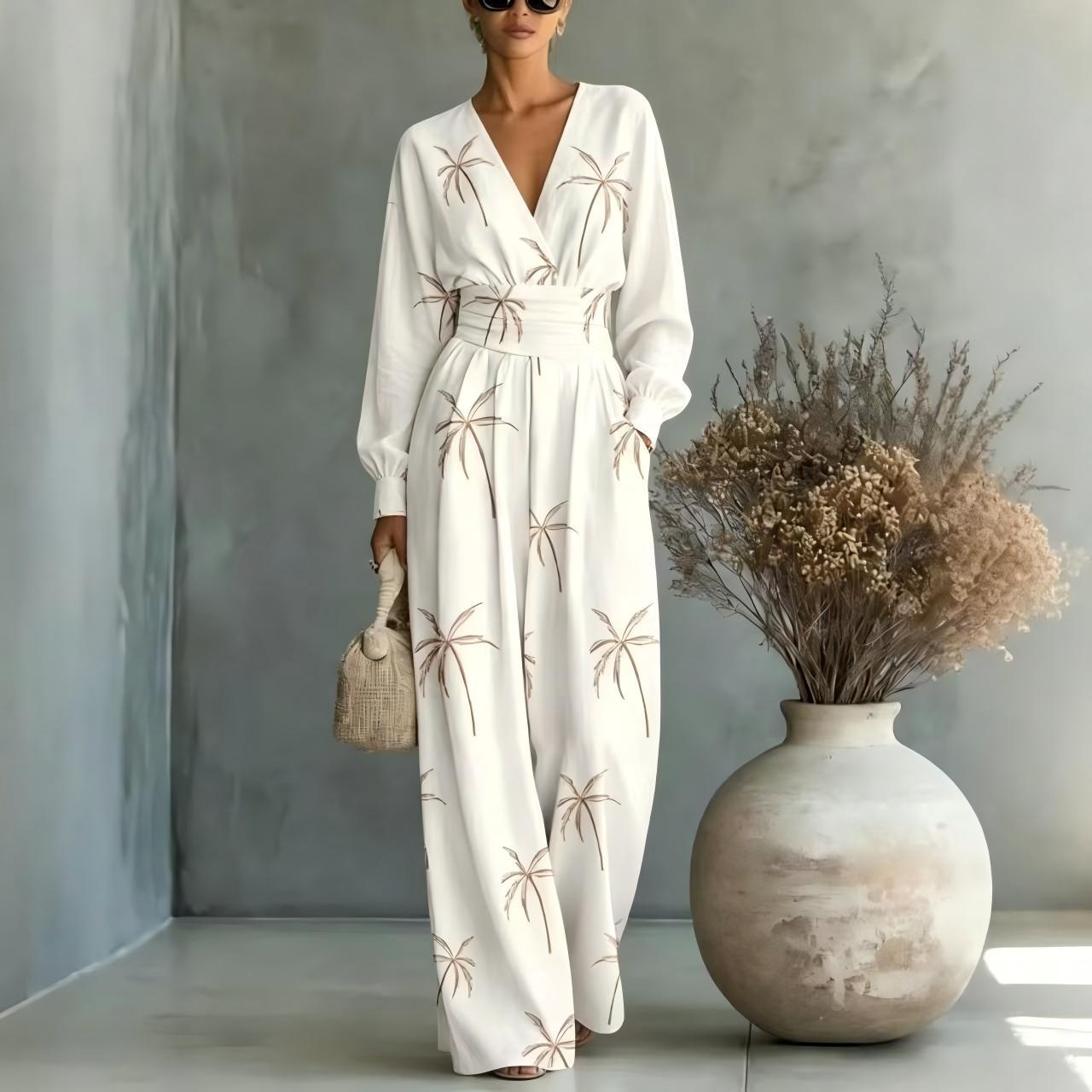 V-neck Long-sleeve Womens Printed Jumpsuit
