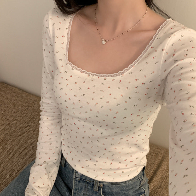 Floral Lace Long Sleeve Slim Crop Top