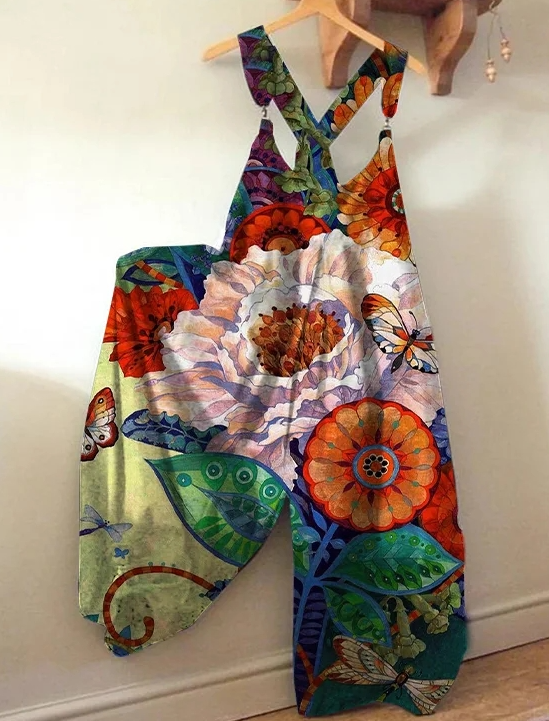 Bohemian Style Colorful Patchwork Overalls Wide-leg Jumpsuit For Women