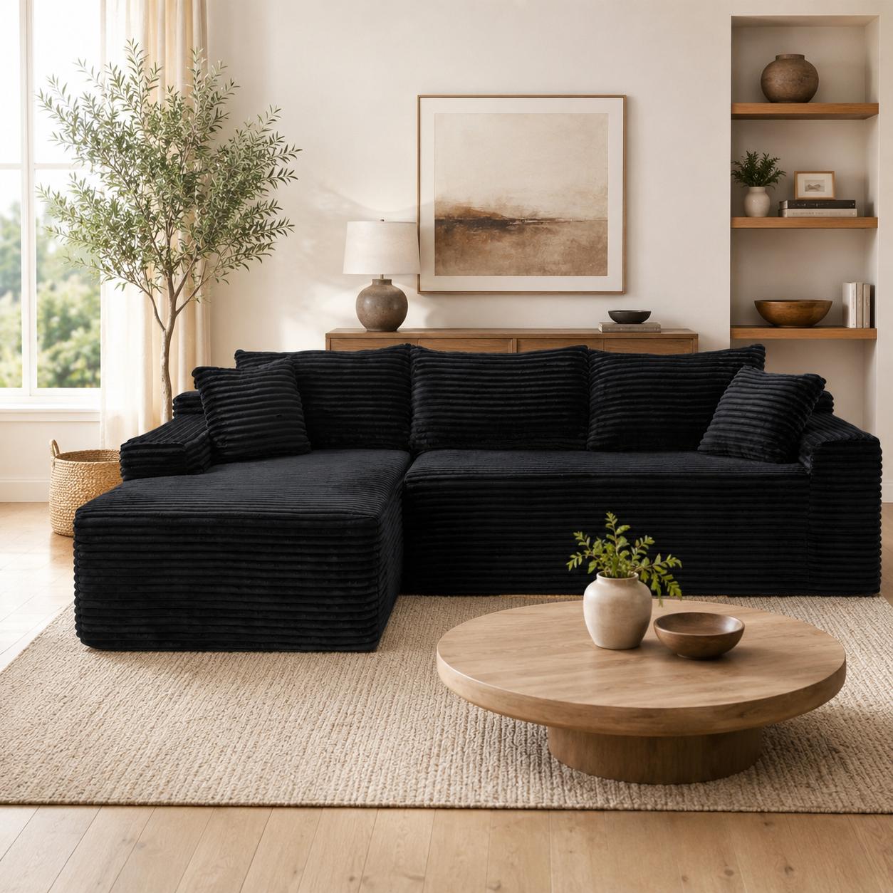 Left chaise L-shaped sectional sofa with memory foam cushions and corduroy upholstery