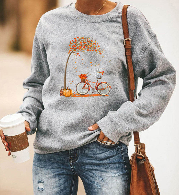 Women's Bicycle Print Fleece Long Sleeve Crew Neck Sweater