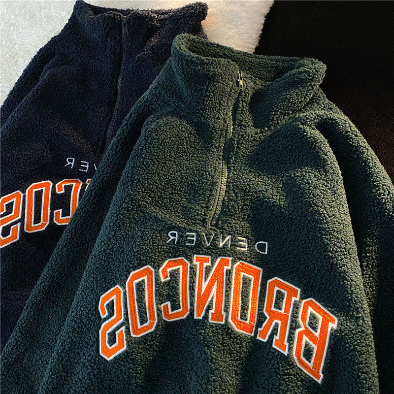Cozy Retro Half-Zip Lambswool Hoodie with Embroidery