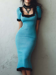 Vintage-inspired Square Neck Contrast Lace Knit Dress