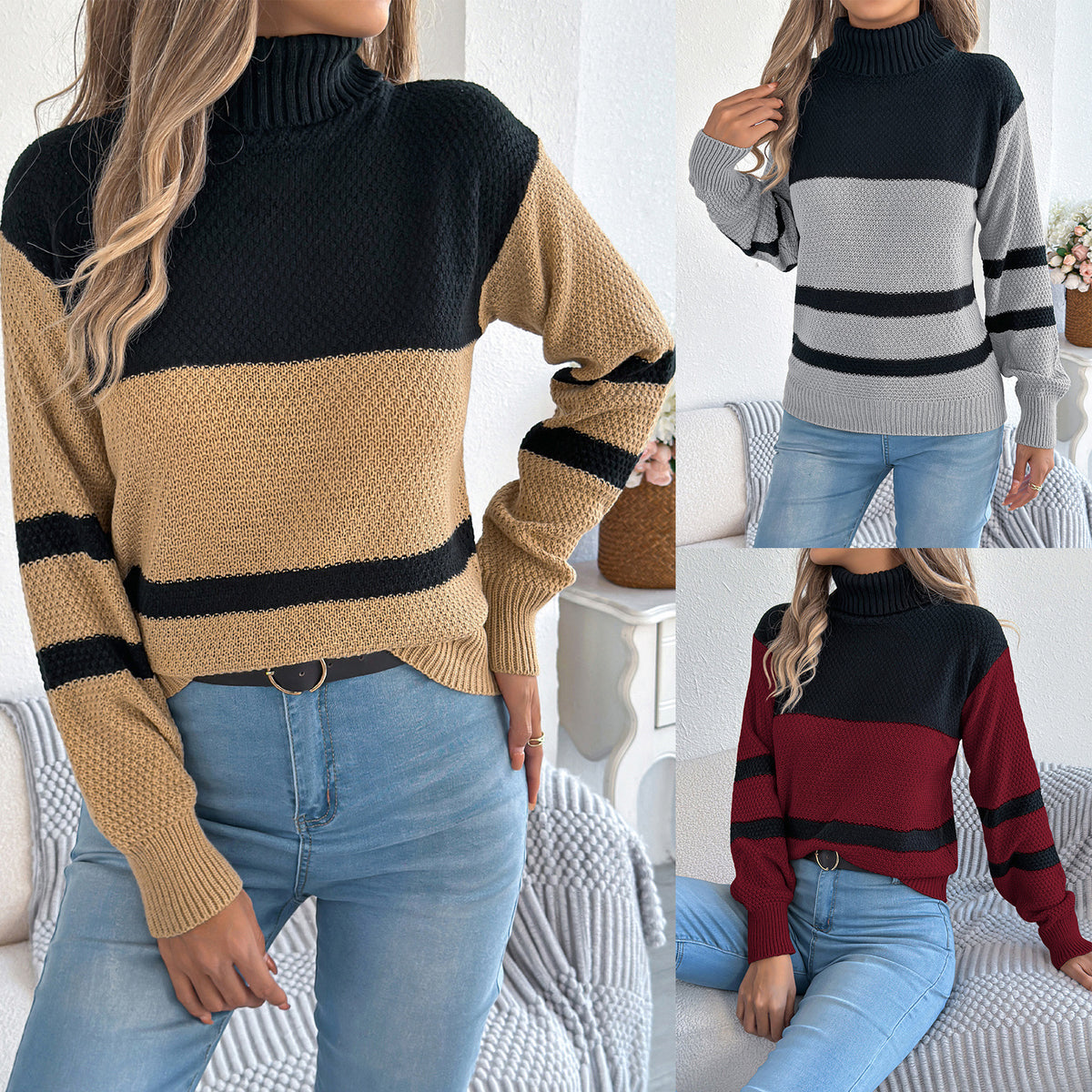 Womens Casual Striped Turtleneck Long-sleeve Sweater