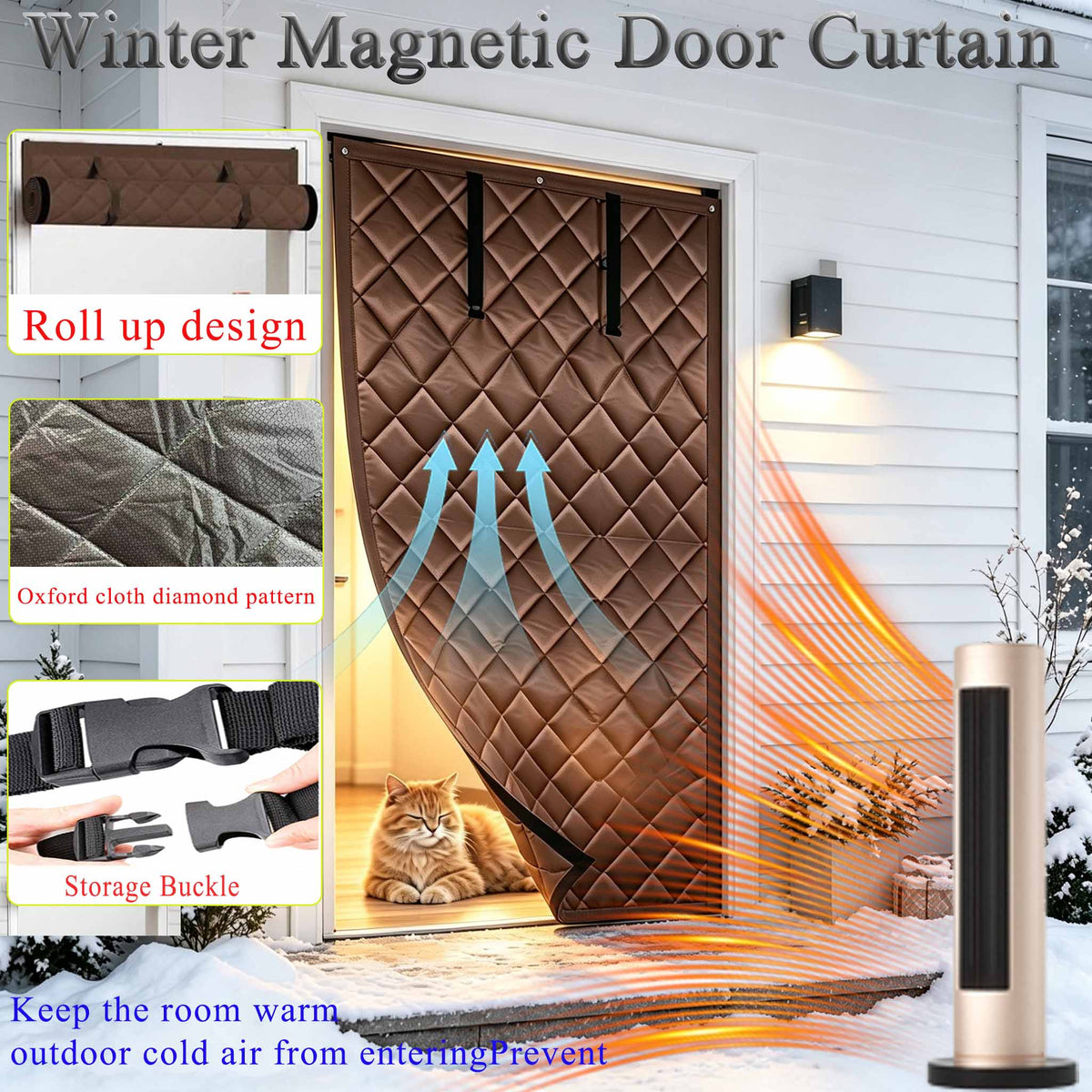 Magnetic Thermal Insulated Door Curtain, Thick Diamond Quilted Oxford Cloth Windproof Door Drape with Roll Up Storage Buckle, Cold Block Energy Saving Door Cover for Home Courtyard Balcony Winter Heat