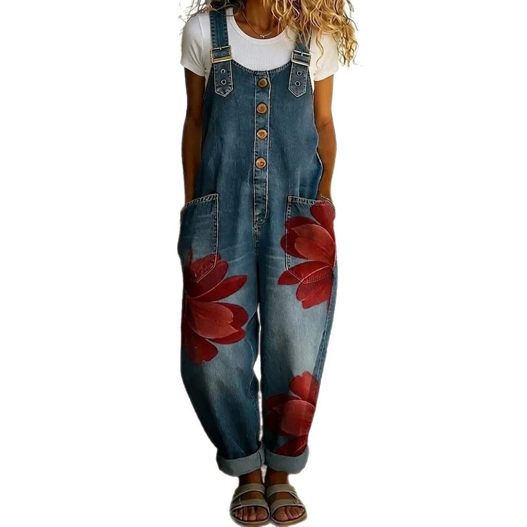 Floral Print Sleeveless Denim-Style Jumpsuit