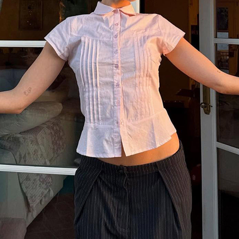 Organ Pleated Lapel Breasted Girl Blouse