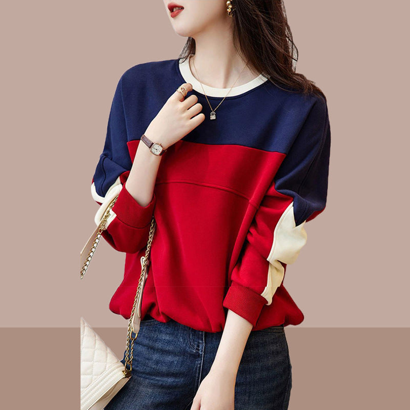 Stitching Contrast Color Round Neck Fashionable Sweater Loose