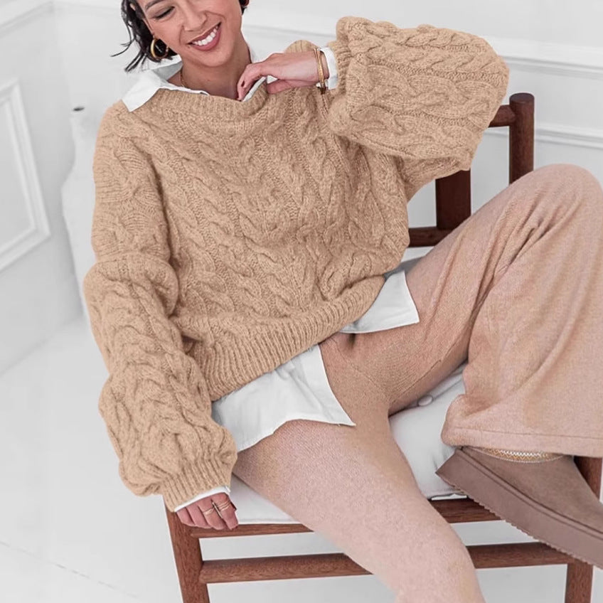 Thick Needle Hemp Flower Loose Pullover Round Neck Long Sleeve Sweater