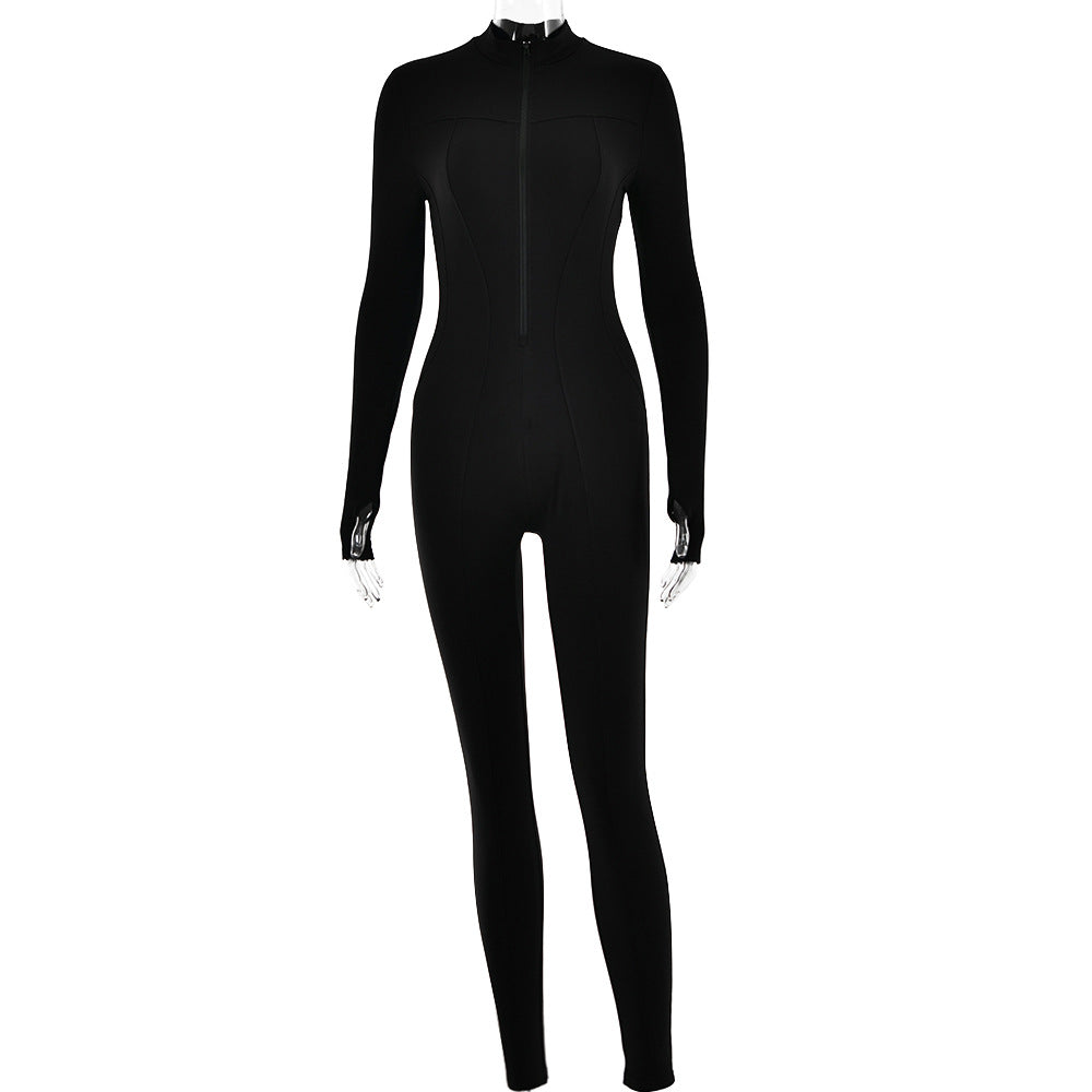 Women's Long-Sleeve Zip-Up High-Waist Jumpsuit