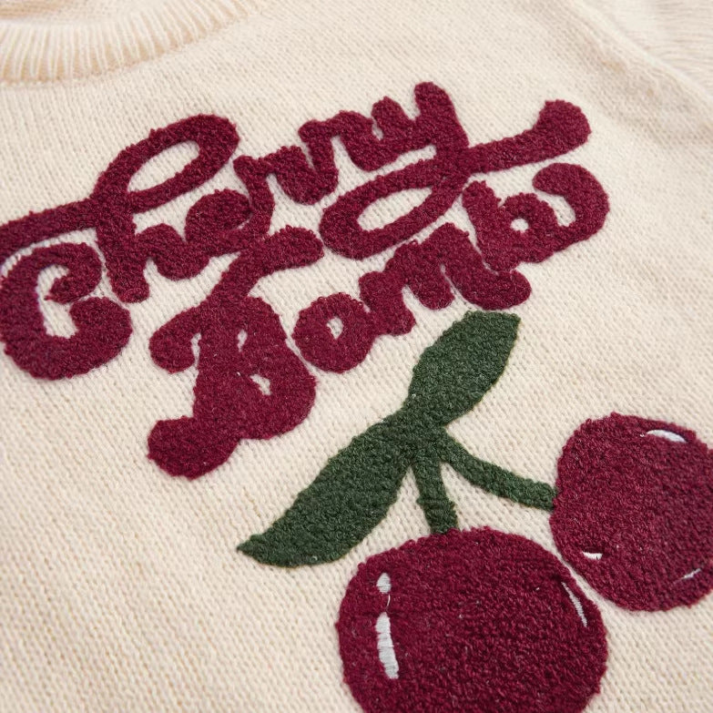 Cherry Knitted Sweater Crew Neck, Loose-fit Top