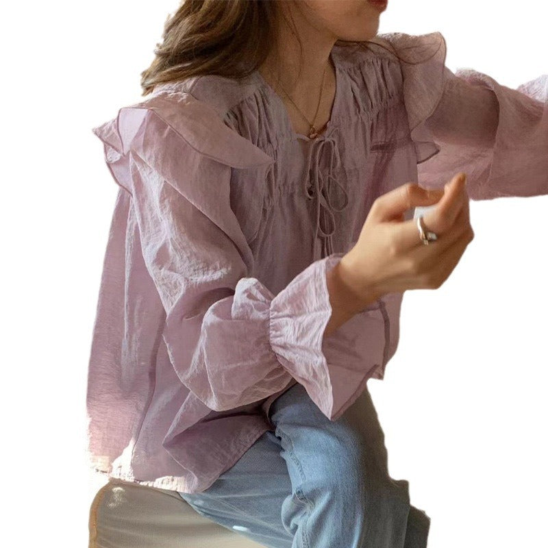 Design Sense Bell Sleeve Ruffled Tied Taro Purple Shirt