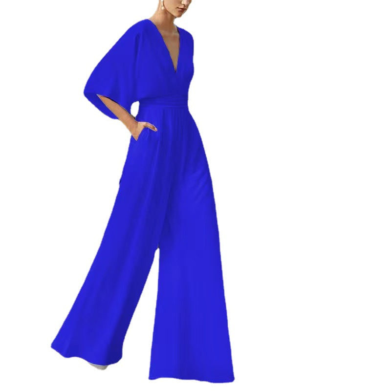Elegant Solid Wide-Leg Chinese Style Jumpsuit