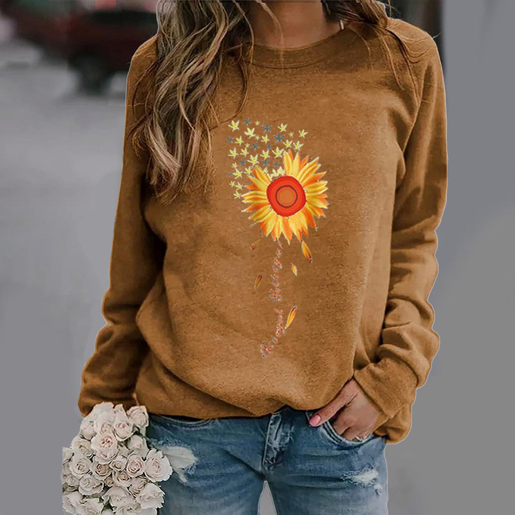 Women's Sunflower Print Long Sleeve Crew Neck Sweater