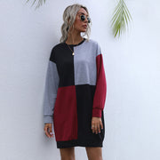 Color Block Long Sleeve Round Neck Pullover Dress