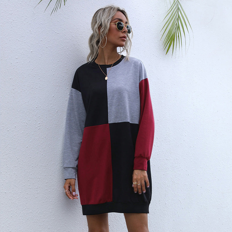Color Block Long Sleeve Round Neck Pullover Dress