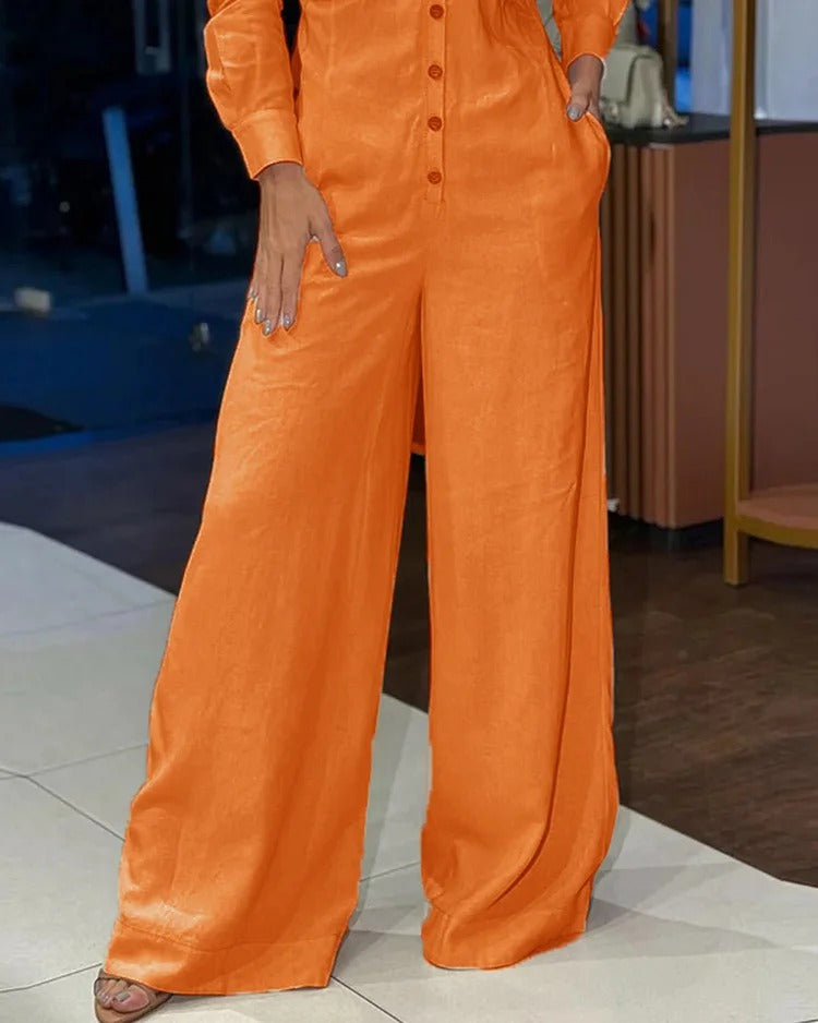 Chic Casual Polo Collar Solid Color Women's Jumpsuit