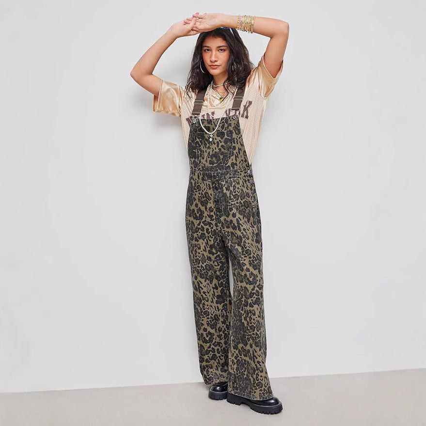 Retro Leopard Print Overalls Streetwear Romper