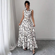 Printed-button Sleeveless Lace-up Shirt-collar Dress