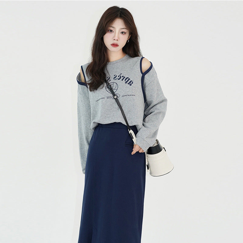 Off-shoulder Hoodie Female Spring Lazy Casual Crewneck Top Thin