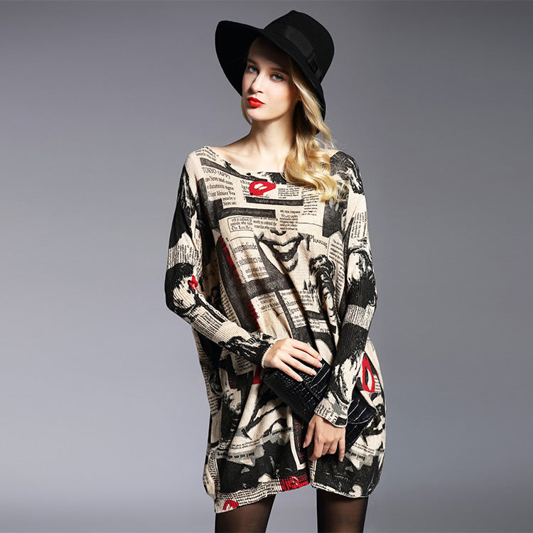 Chic Lip Print Oversized Knit Sweater for Women
