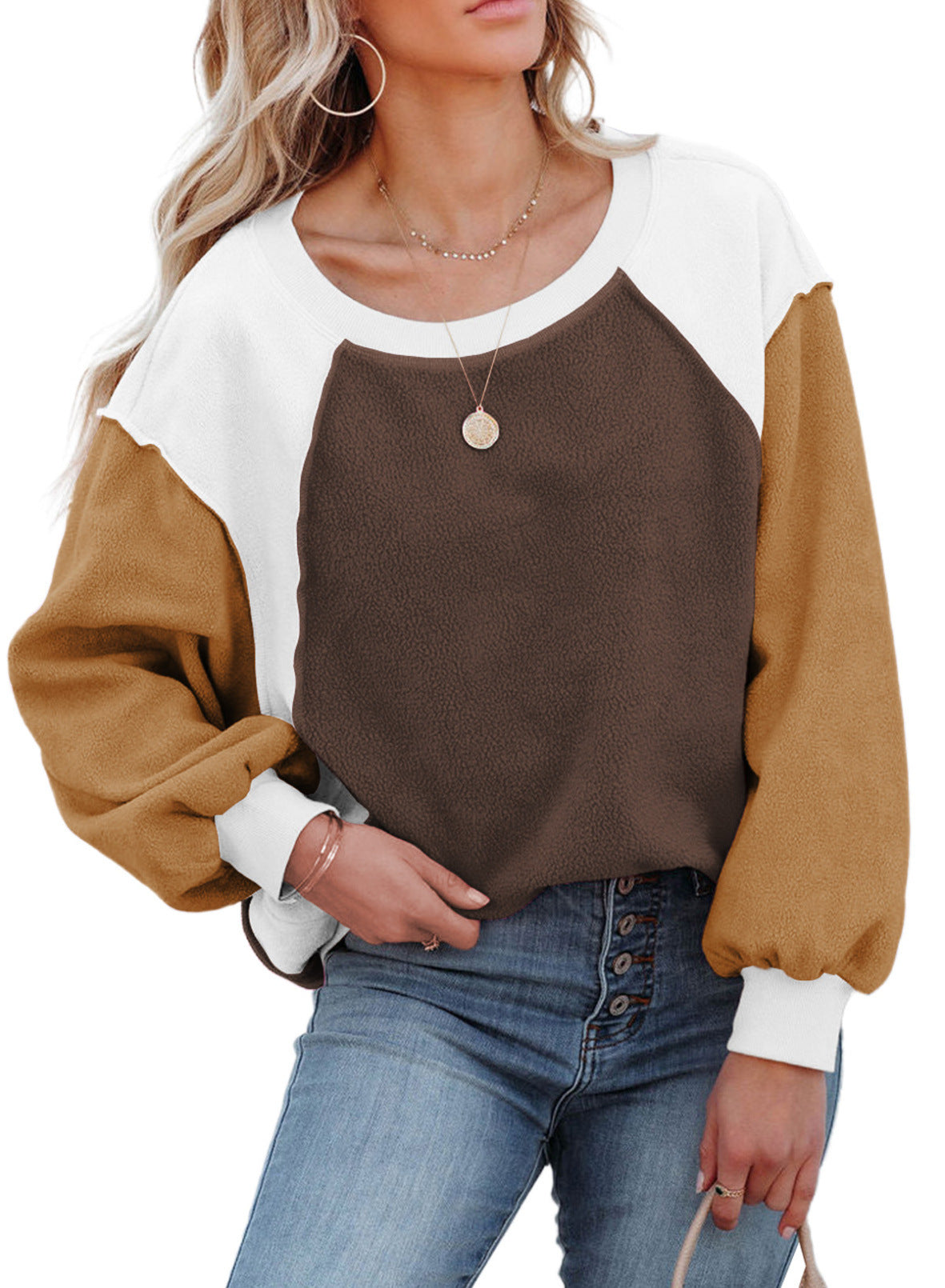 Cozy Colorblock Fleece Lantern Sleeve Pullover Top