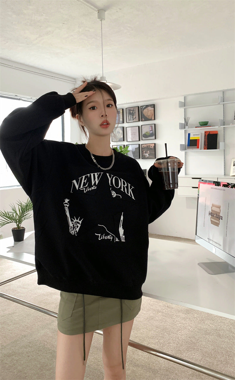 Printed Sweater Early Autumn New Retro Loose All-matching Slimming Top Women's Fashion