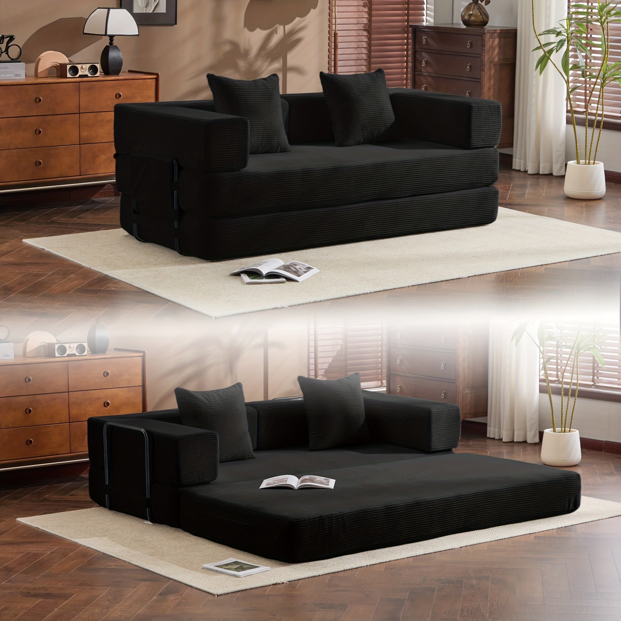 Modular L-shaped chaise longue sofa bed with deep seat and corduroy upholstery
