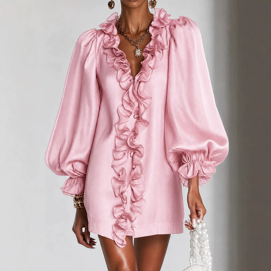 Ruffle Puff-Sleeve Loose Mini Dress