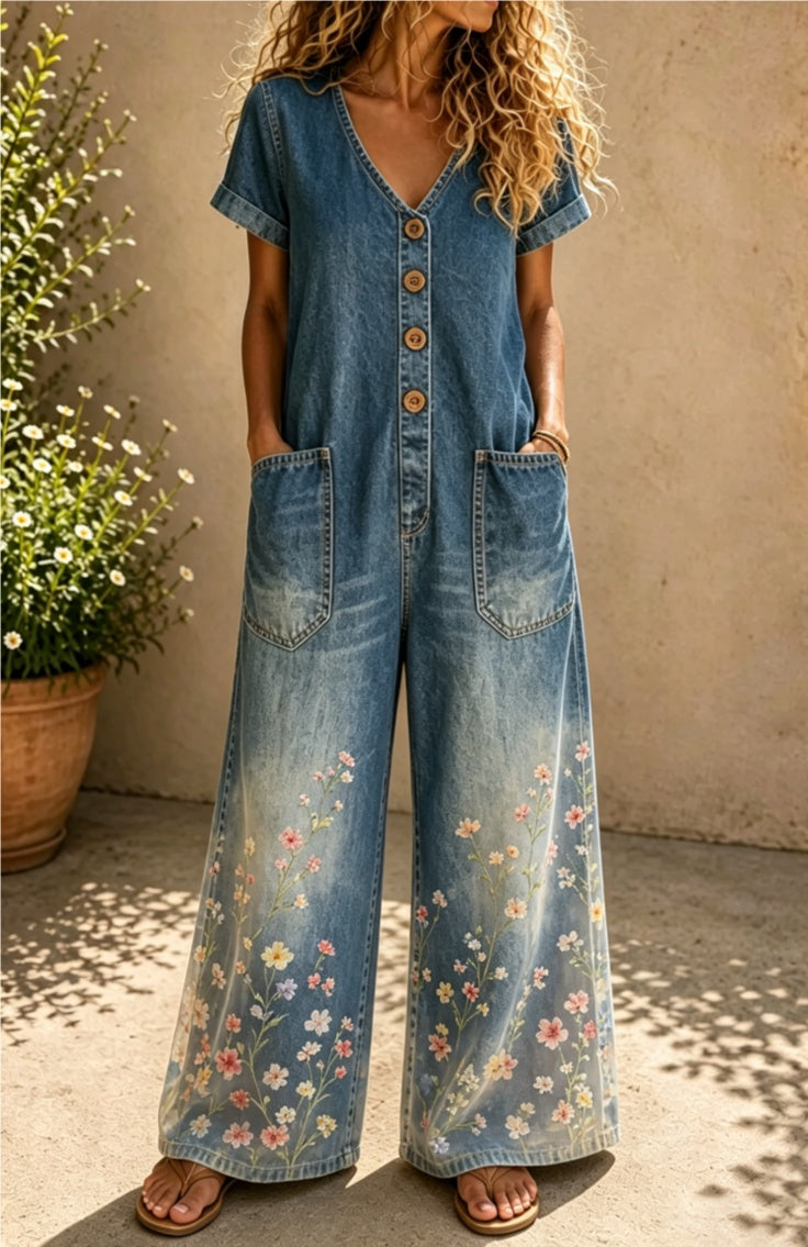Casual Denim Wide-Leg Short Sleeve Jumpsuit with Pockets