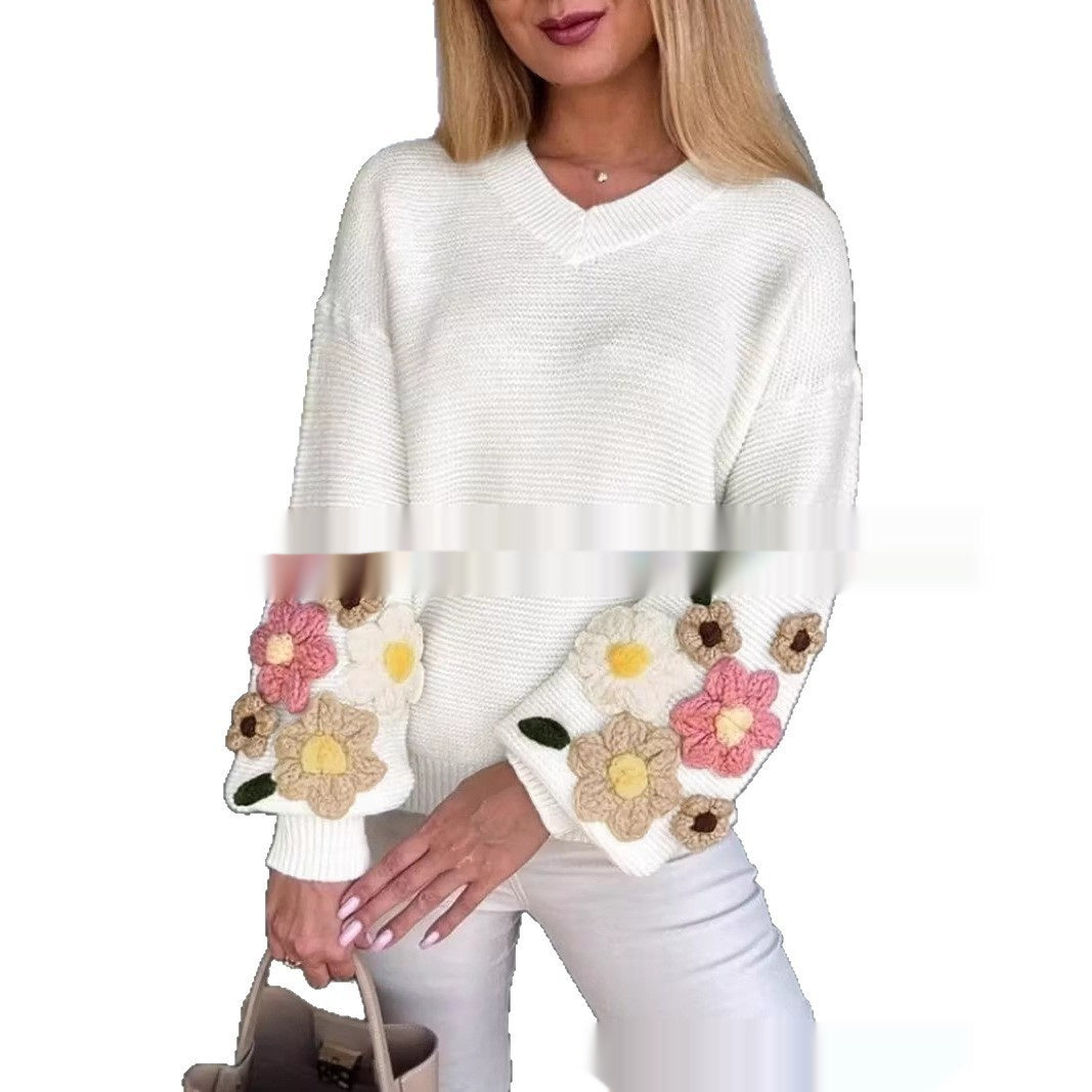 Elegant Knitted Sweater with Colorful Floral Design for Women
