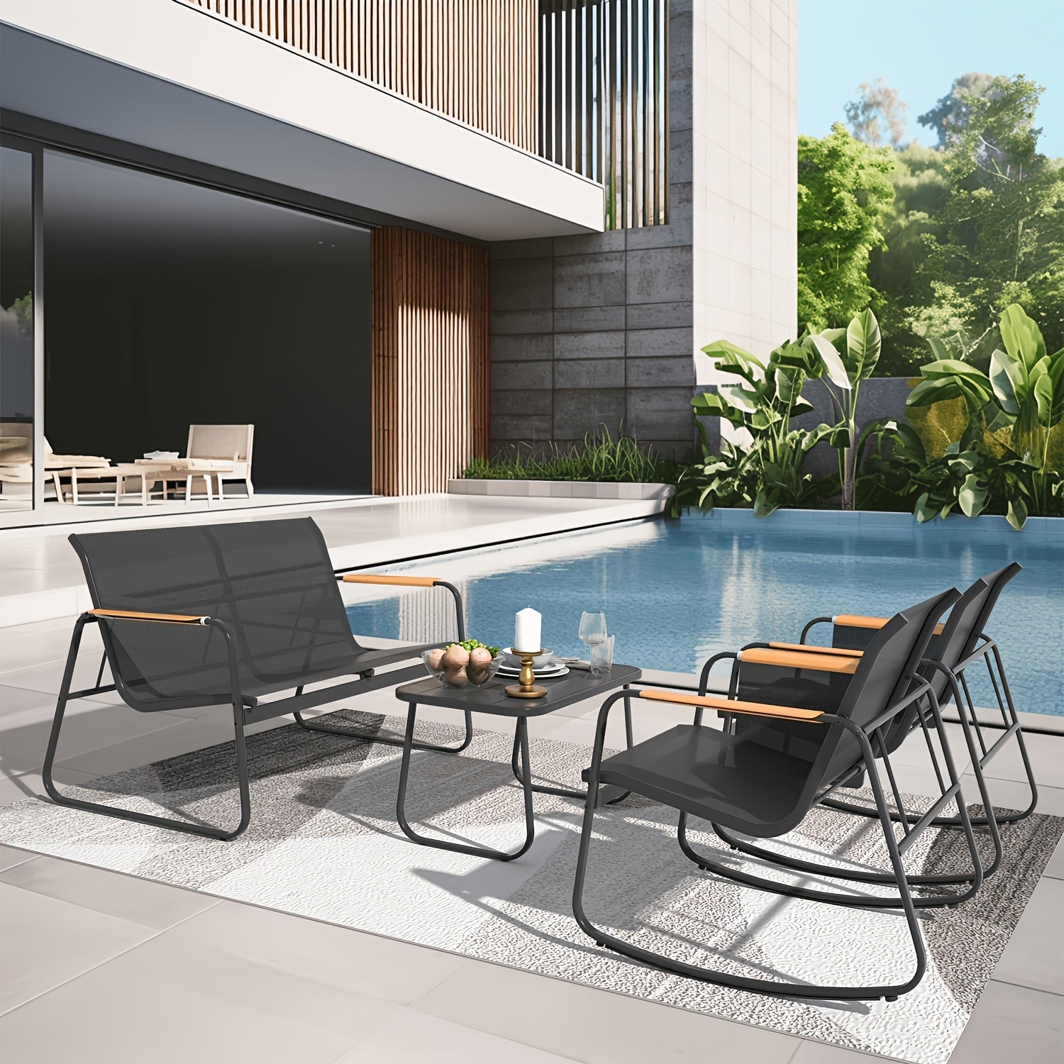 4pcs Patio Conversation Set: Breathable Textilene Loveseat & Rocking Chairs with Wide Armrests & Side Storage Pockets Includes All-Weather Coffee Table, Perfect for Backyard
