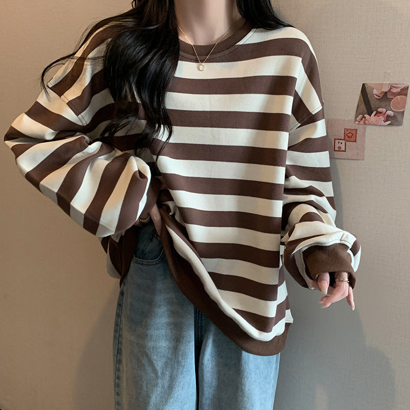 Retro Striped Crew Neck Casual Sweatshirt for Women