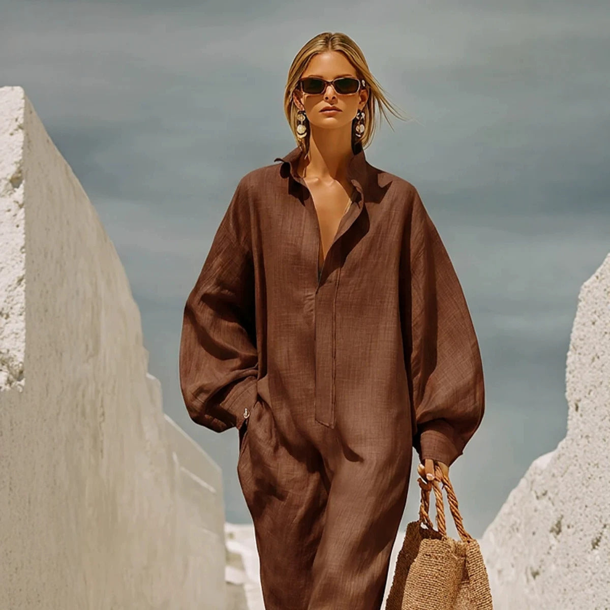 Chic Half-Zip Wide-Leg Casual Jumpsuit