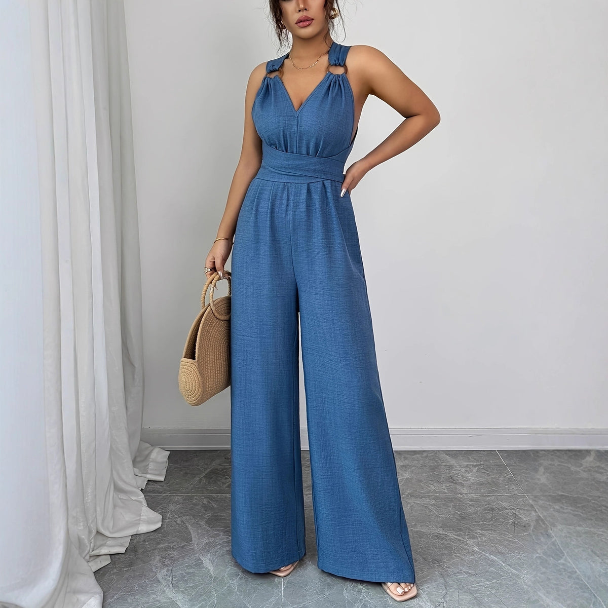 Elegant Backless Crossover Wide-Leg Jumpsuit