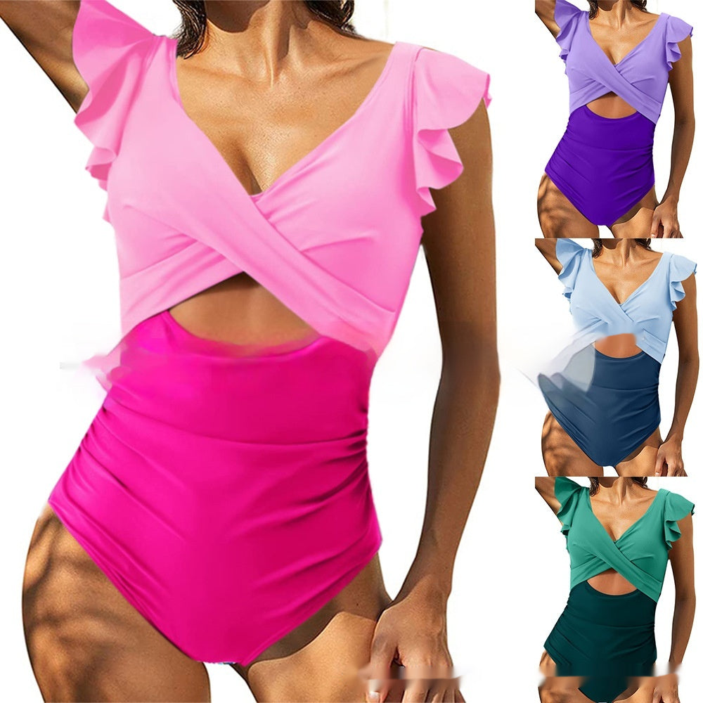 Color Block Flounce Tummy Control One-Piece Swimsuit