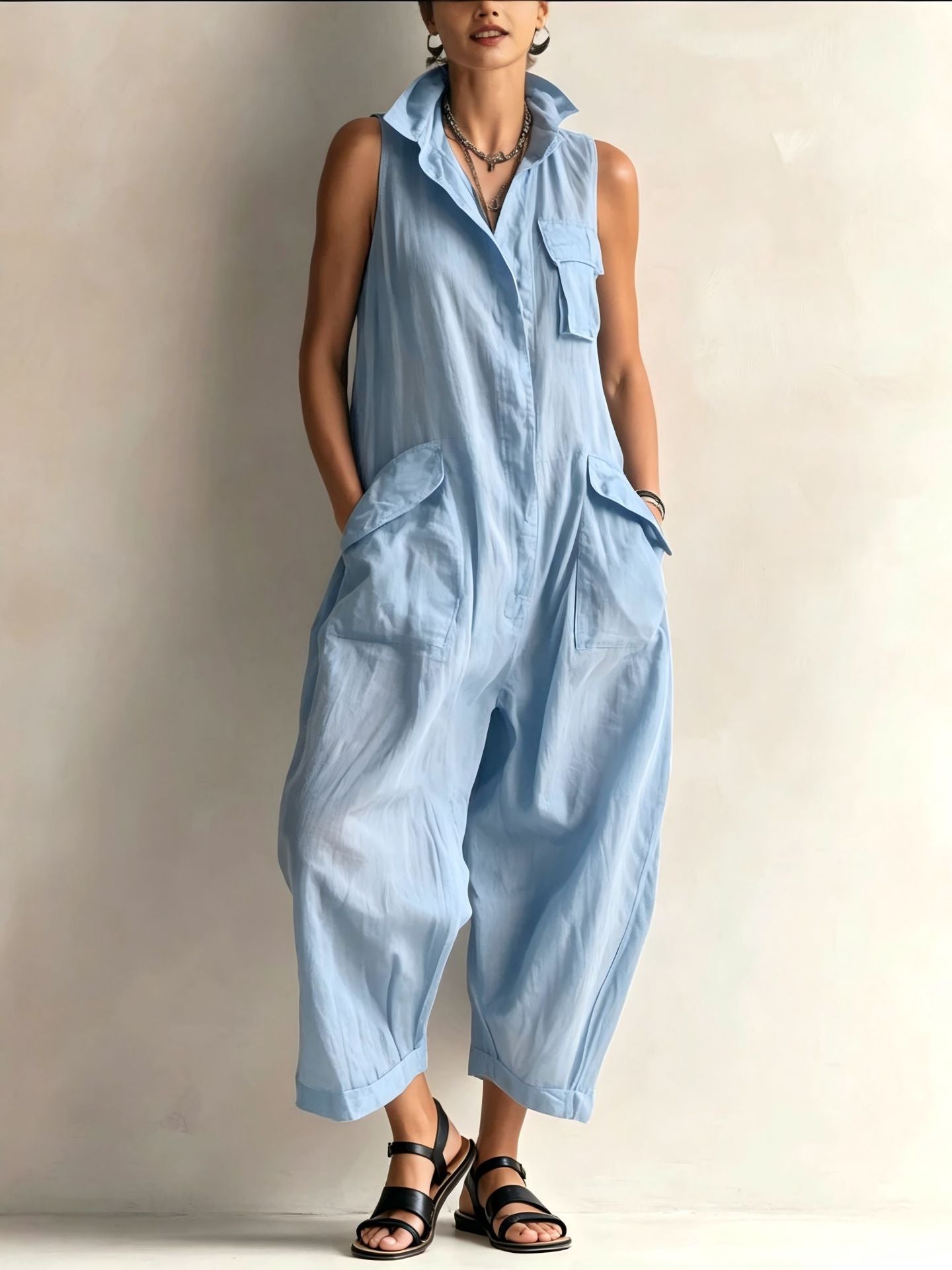 Casual Cotton Multi-Pocket Wide-Leg Jumpsuit