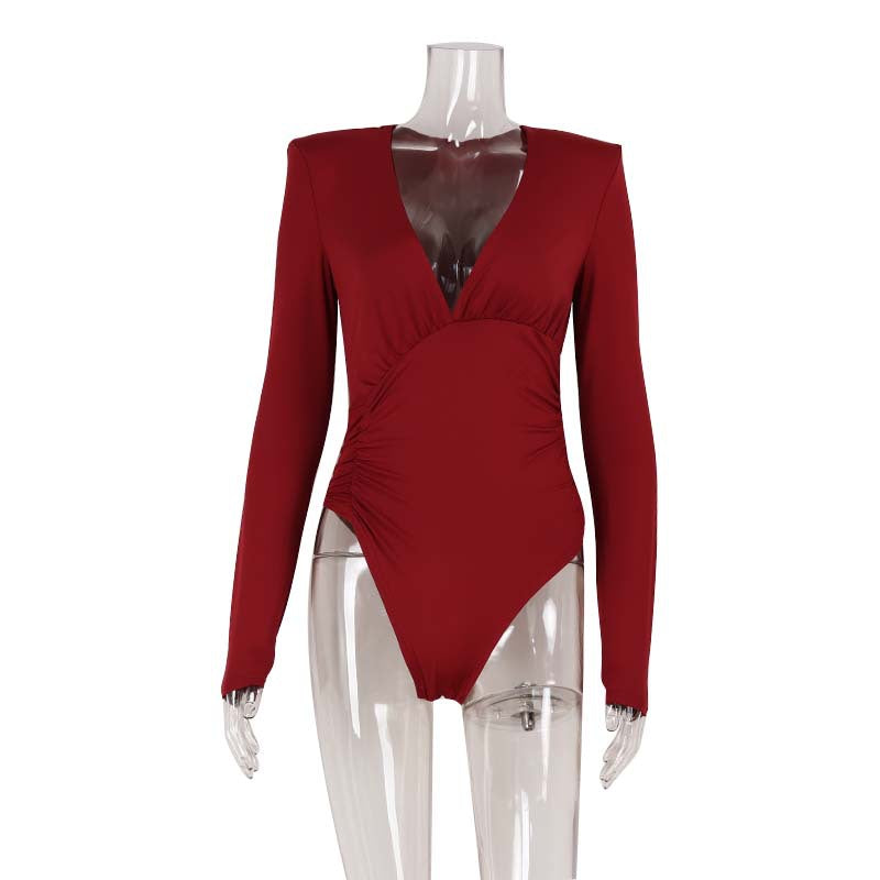 Chic Deep V Padded Shoulder Slimming Bodysuit