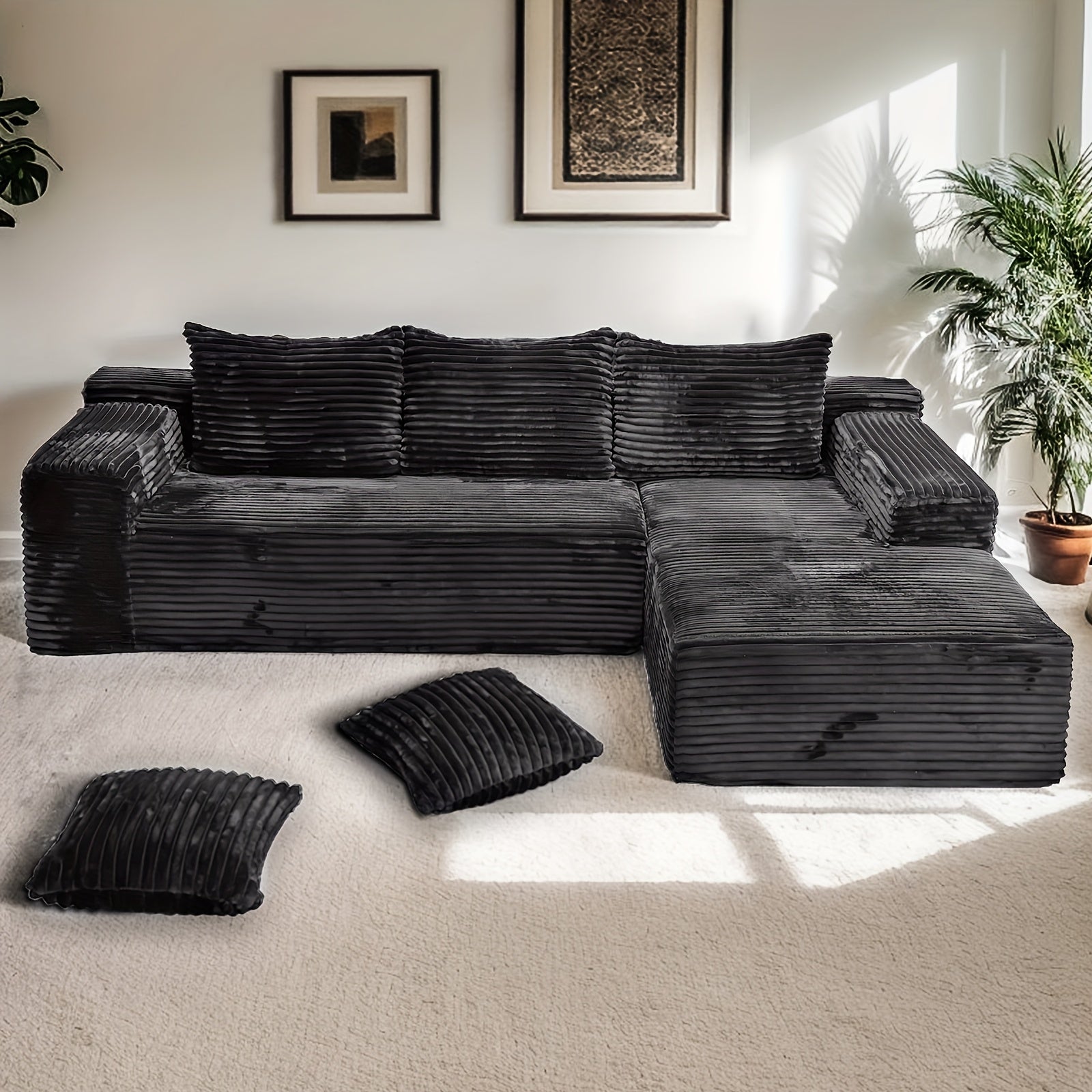 Modular L-shaped chaise longue sofa bed with deep seat and corduroy upholstery