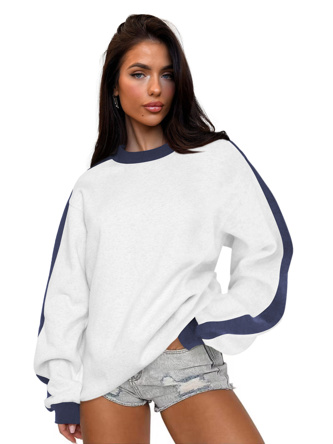 Women's Contrast Color Loose Round Neck Long-Sleeve Sweater
