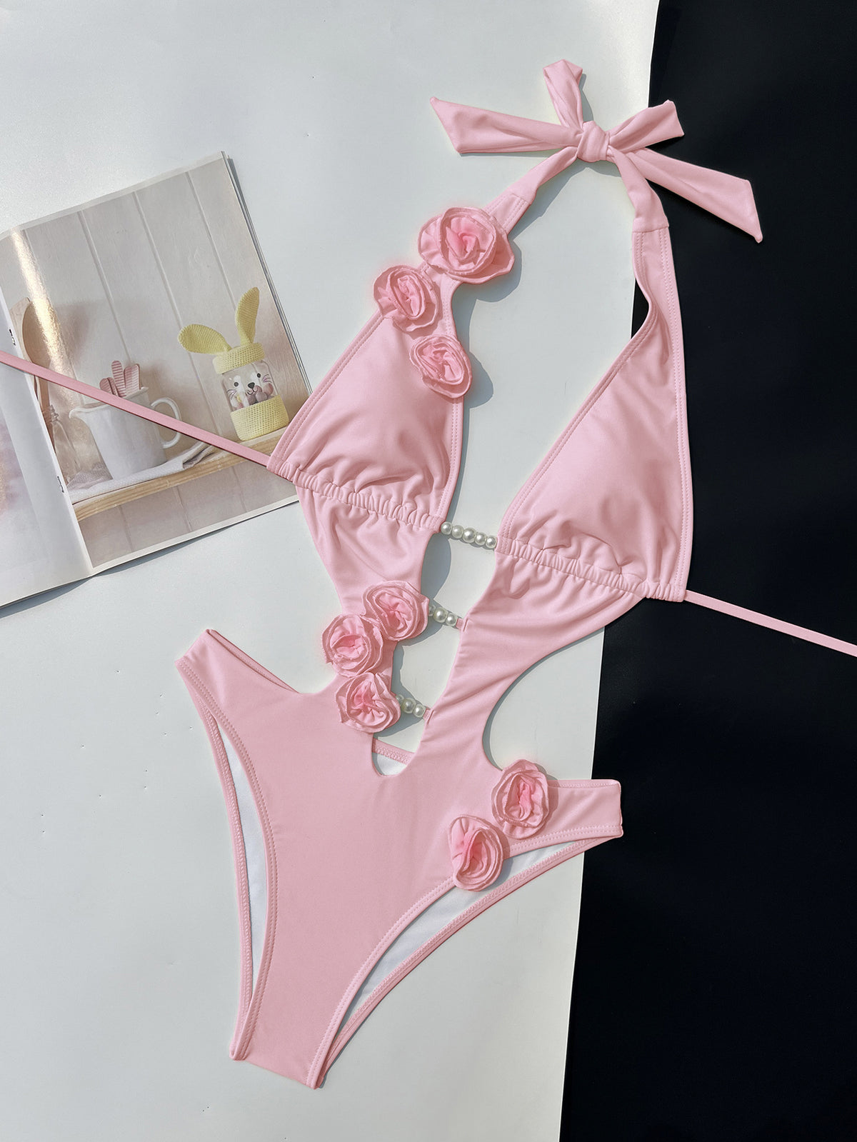 Womens Solid-color Three-dimensional Floral Pearl One-piece Swimsuit