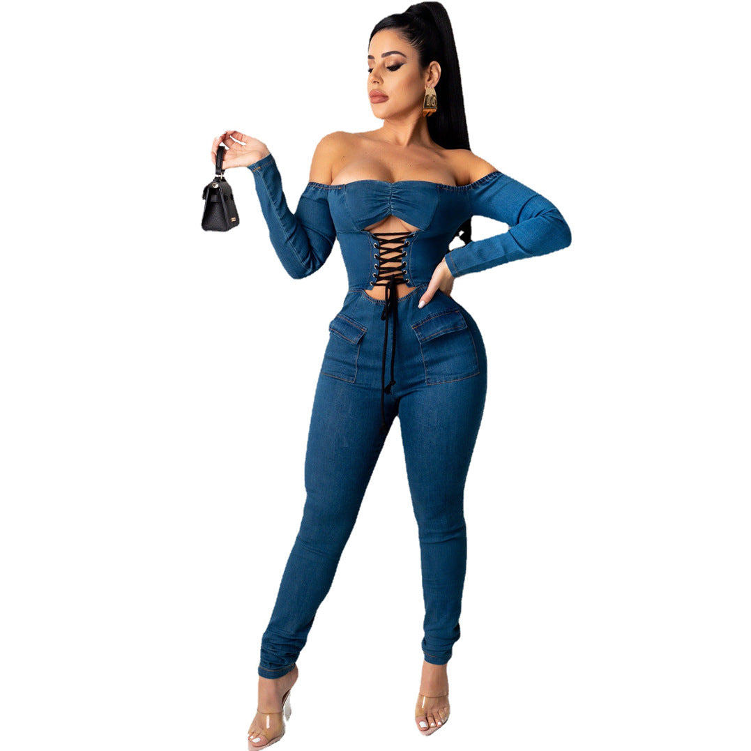 Women's Off-Shoulder Distressed Denim Jumpsuit