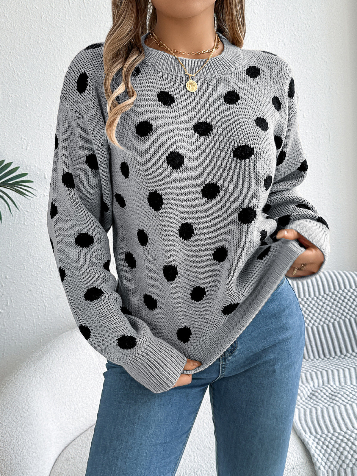 Autumn and Winter Leisure Contrast Color Polka Dot Long Sleeve Pullover